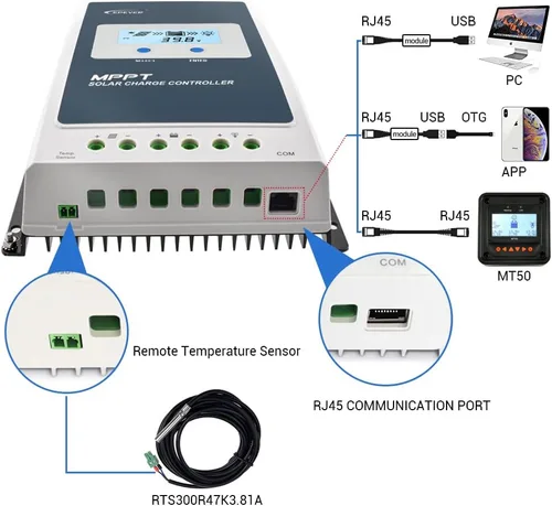 Miniatura 4 de EPEVER Controlador de carga solar 10A MPPT 12V/24V Auto Max.PV 100V Entrada Negativa Panel Solar Regulador de carga con MT50 Medidor remoto Sensor