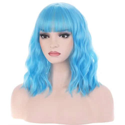 Miniatura 28 de BERON 14 Inches Ash Blonde Wig with Bangs Short Curly Wig Short Ash Blonde Bob Synthetic Wigs for Women Daily Halloween Party or Cosplay Hairnet