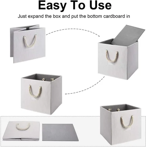 Miniatura 5 de Contenedores plegables de almacenamiento de tela de bambú beige y blanco, organizador resistente con asa de cuerda de algodón para oficina en casa