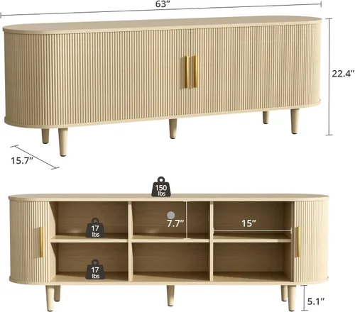 Miniatura 2 de VOWNER Soporte de TV acanalado de 63 pulgadas, moderno centro de entretenimiento para televisores de hasta 65 pulgadas con estantes ajustables