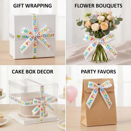 Miniatura 5 de Rollo de cinta de feliz cumpleaños para envoltura de regalos, 0.591 in x 30 pies, cinta de regalo de cumpleaños impresa blanca para manualidades