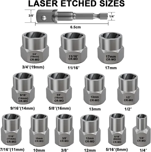 Miniatura 2 de Topec Juego de extractor de tuercas y pernos de impacto de 13+1 pieza, juego de dados extractores de pernos de 3/8 pulgadas, removedor de tuercas 13