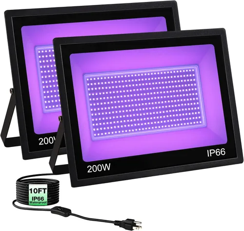 Miniatura 9 de Paquete de 2 luces LED negras de 200 W, IP66 impermeable para exteriores, luz negra con enchufe, interruptor, cable para fiesta de neón brillante