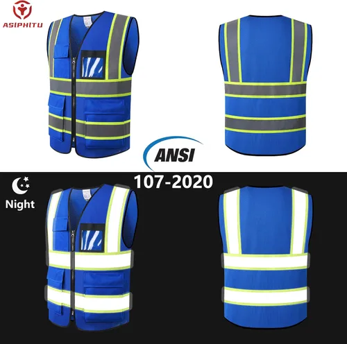 Miniatura 4 de Chaleco de seguridad reflectante de alta visibilidad para hombres y mujeres con bolsillos y cremallera frontal, cumple con los estándares ANSI/ISEA