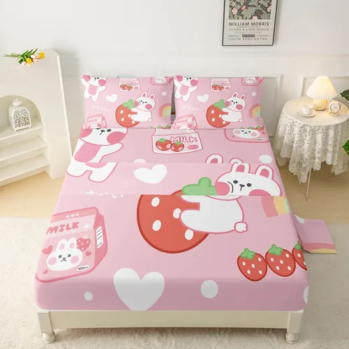 Miniatura 10 de QOOMO Sábanas Kawaii de Conejo para Niños Tamaño Twin, Juego de Sábanas de Cama Kawaii Bunny con Bolsillo Profundo de 16", Juego de Sábanas