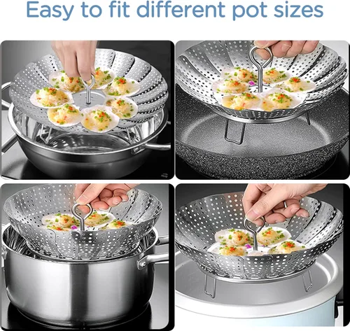 Miniatura 3 de Cesta de vapor de verduras de acero inoxidable 304, inserto expandible para cocinar, se adapta a ollas de 6.4 a 10.2 pulgadas, incluye pinzas