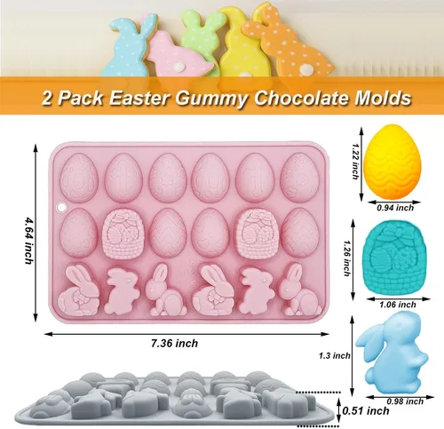 Miniatura 2 de Paquete de 2 moldes de chocolate para gomitas de Pascua, 18 cavidades, huevo, conejo, dulces, bandeja para hornear pastel de chocolate, postre
