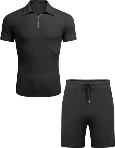 Miniatura 4 de URRU Conjunto de camisa polo y pantalones cortos para hombre, trajes de verano casuales de manga corta para hombre, conjunto de 2 piezas