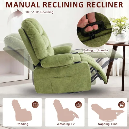 Miniatura 6 de KCQ Silla reclinable giratoria de gran tamaño con portavasos de calor para masaje, sillas reclinables de tela con relleno para guardería, mecedora