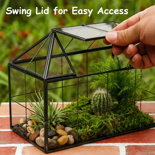 Miniatura 3 de HighFree Maceta geométrica de terrario con tapa giratoria, caja de vidrio negra hecha a mano en forma de casa, terrario miniatura de mesa vintage