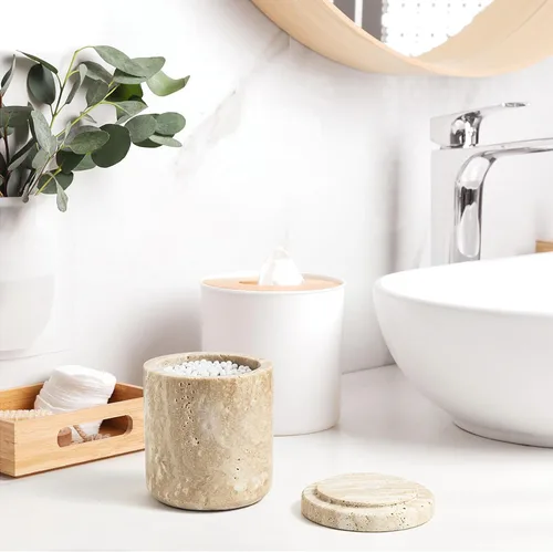 Miniatura 4 de Travertine Dispensador de Hisopos con Tapa para Hisopos de Algodón, Bolas, Almohadillas, Palillos de Hilo Dental, Frasco de Boticario de Mármol
