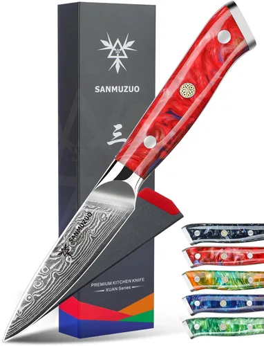 Miniatura 7 de Cuchillo de pelar de 3.5 pulgadas, cuchillo de cocina para frutas y verduras de acero de Damasco y mango de resina - Serie Xuan (Naranja Fantasía)