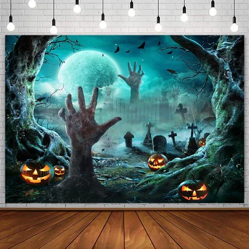 Miniatura 8 de SENDY Telón de fondo de fotografía de Halloween de 7 x 5 pies, suministros de decoración para fiestas de Halloween, noche de niños, luna llena