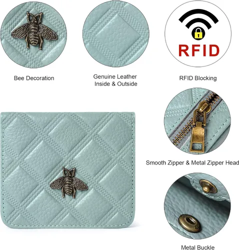 Miniatura 3 de Billetera para mujer, con bloqueo RFID, pequeña, compacta, plegable, de piel auténtica, con bolsillo, mini carteras para mujeres