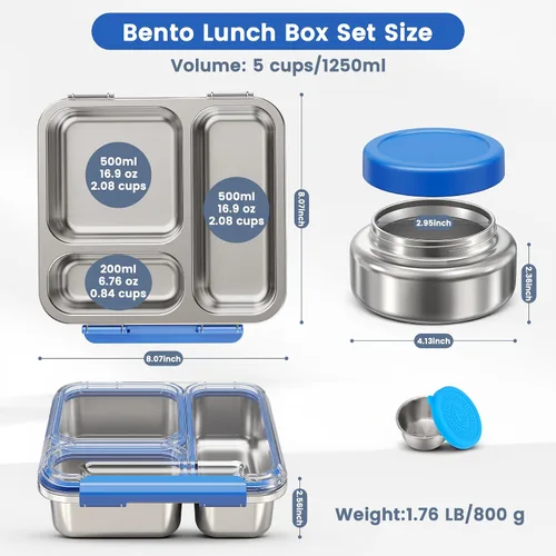 Miniatura 5 de Caja Bento de acero inoxidable para niños y adultos con termo de sopa de 7 onzas, tapa transparente, 3 compartimentos, lonchera Bento de metal