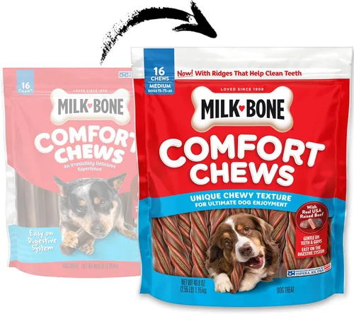 Miniatura 2 de Milk-Bone - Masticables de confort, golosinas para perros sin piel dura con textura masticable única y carne de vacuno real, 16 masticables, fáciles