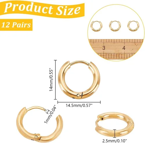 Miniatura 3 de UNICRAFTALE 24 aretes de aro de oro hipoalergénicos de acero inoxidable para mujer, joyería de 0.551 in