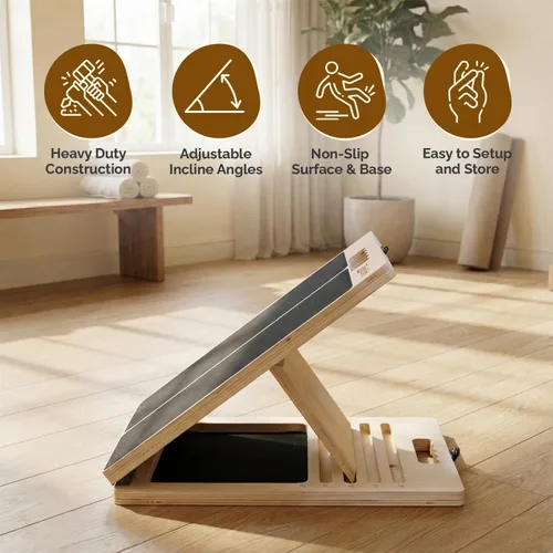 Miniatura 5 de Tabla inclinada de madera portátil para estiramiento de pantorrillas con bandas de resistencia, capacidad de peso ajustable de 300 libras, tabla