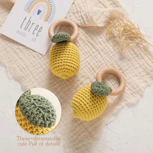 Miniatura 5 de WOODEN TEETHER Sonajero de bebé de ganchillo, juguetes de bebé de ganchillo, juguetes de madera orgánica para recién nacidos, juguetes de sonajero