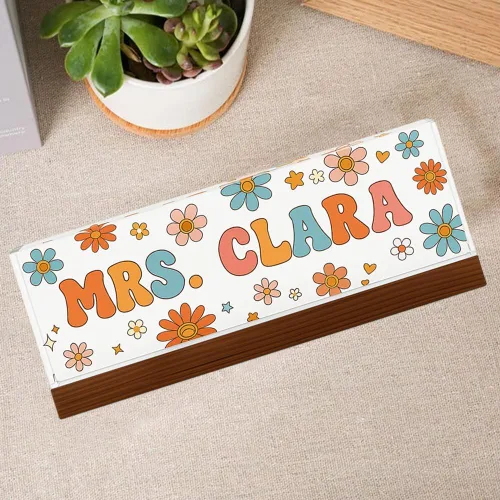 Miniatura 5 de Placa de nombre personalizada para escritorio para profesores, placa de nombre de acrílico personalizada para maestros con base de madera, letrero