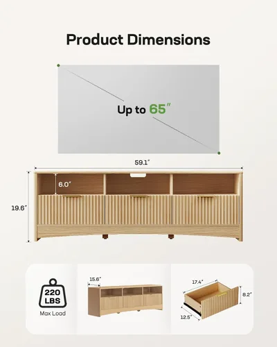 Miniatura 2 de Marsail Soporte de TV de 59 pulgadas de ancho para televisores de hasta 65 pulgadas, moderno centro de entretenimiento con paneles estriados, 3