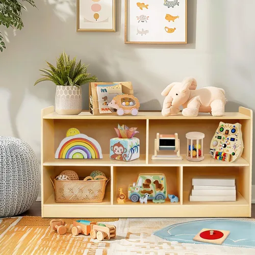 Estante Montessori, organizador de almacenamiento de juguetes de madera para libros, juguetes, estantería de 2 estantes, armario de almacenamiento