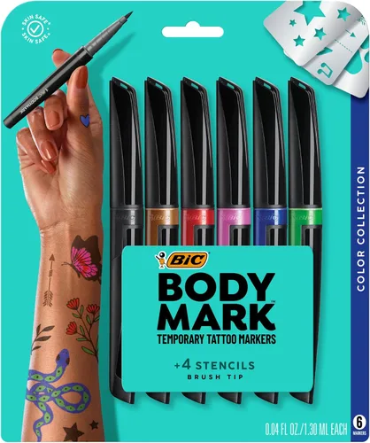 BIC BodyMark - Marcadores temporales de tatuaje para piel, colección de colores, punta de pincel flexible, paquete de 6 unidades de colores