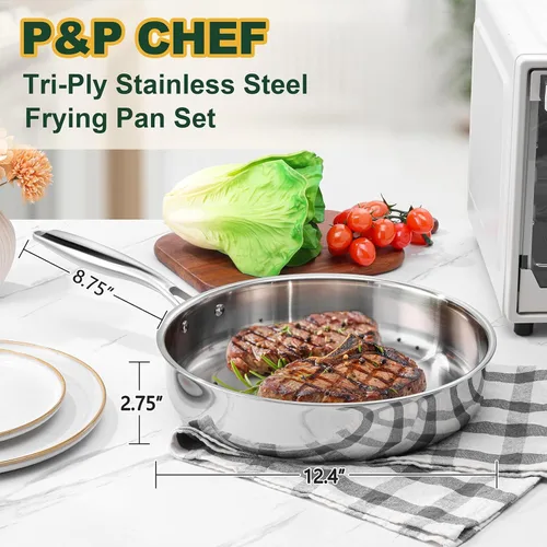 Miniatura 2 de P&P CHEF Sartén de acero inoxidable de 12 pulgadas, sartén de acero inoxidable de 3 capas, sartén de inducción, horno y todas las estufas, segura