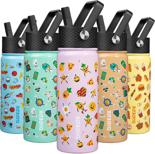 Miniatura 54 de BJPKPK Botella de agua aislada con tapa con pajilla, bonitas botellas de agua de 15 onzas, termo de metal de acero inoxidable, vasos reutilizables
