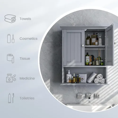 Miniatura 7 de Tangkula Armario de pared de baño, armario colgante de madera con puertas y estantes, gabinete de almacenamiento multiusos para aseo, cocina, sala
