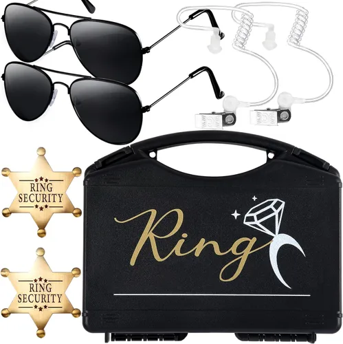Juego de caja de anillo de seguridad para boda, regalo de gafas de sol, insignia de seguridad y auricular para propuesta de anillo Juego 2