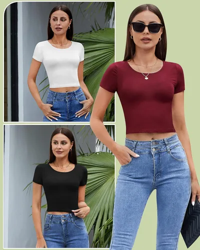 Miniatura 5 de Paquete de 4 camisetas cortas básicas ajustadas de manga corta para mujer, lindas camisetas cortas de moda con cuello redondo para mujeres