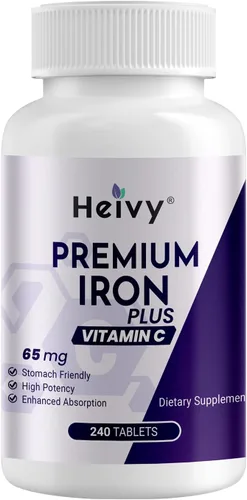 Heivy Sulfato ferroso 325 mg, hierro 65 mg, hierro con vitamina C – Suplemento de hierro de alta potencia para mujeres y hombres – Ingredientes