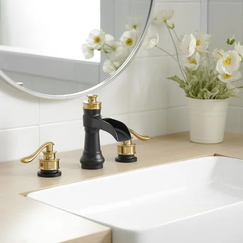 Miniatura 6 de Grifo de baño generalizado negro y dorado, grifo de lavabo de cascada de baño de 3 agujeros, lavabo de tocador de 2 manijas con drenaje desplegable