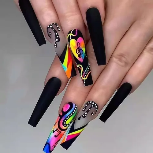 24 uñas postizas cuadradas de color negro brillante, de cobertura completa, con diseños de notas musicales, uñas postizas acrílicas con pegamento