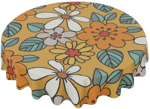 Mantel redondo de flores retro amarillas, mantel decorativo lavable con resistente a las arrugas, para el hogar, cocina, comedor, picnic, color-5