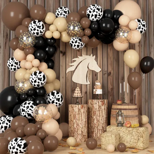 Kit de Arco de Guirnalda de Globos de Vaquero Occidental de 170 Piezas, Globos de Confeti Negro y Marrón con Estampado de Vaca para Granja