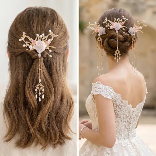 Miniatura 3 de Joez Wonderful 5pcs Chinese Hair Stick Pins Sets, Flower Hair Barrettes Clips with Long Tassel, Hanfu Hair Flowers Pearl Hairstyle Accessories