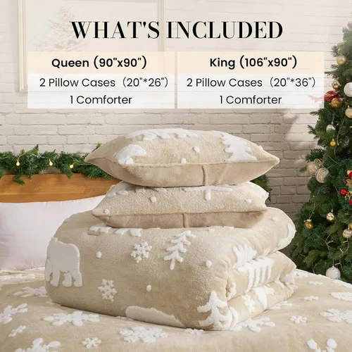 Miniatura 7 de Amélie Home Juego de edredón de Navidad tamaño Queen, juego de ropa de cama de Navidad esponjoso con oso polar, edredón de felpa de forro polar