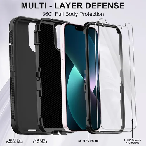 Miniatura 2 de Funda para iPhone 13 con 2 protectores de pantalla, protección contra caídas a prueba de golpes, cuerpo completo, resistente, 3 capas, militar