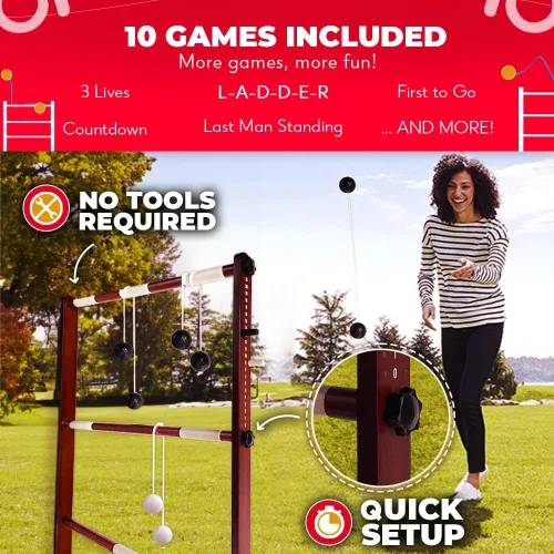 Miniatura 3 de SWOOC Games® - Juego de pelota de escalera de madera premium (resistente a la intemperie) - con más de 10 juegos y estuche de transporte - Fácil