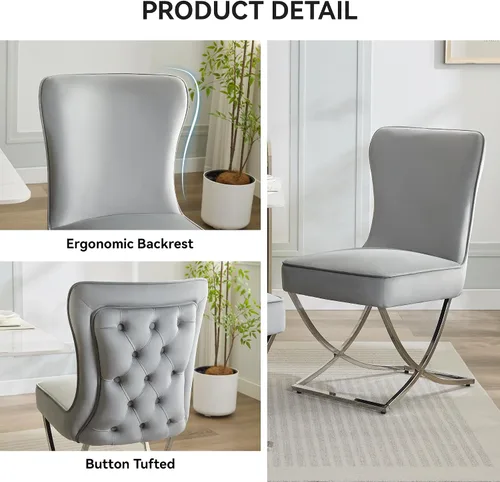 Miniatura 3 de WUTUTUEE Sillas de comedor de terciopelo de lujo, sillas de comedor tapizadas sin brazos con patas en X de metal plateado, juego de 2 sillas de Gris
