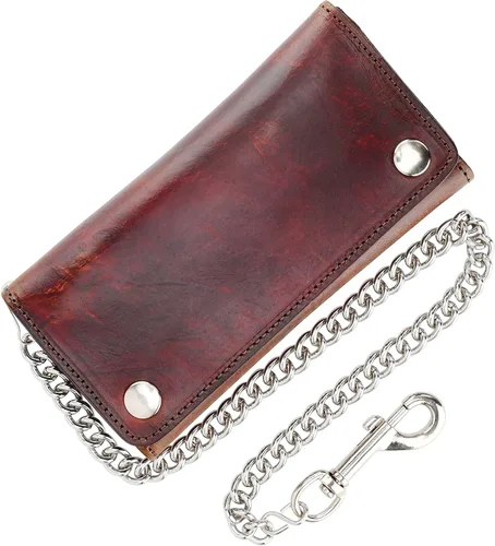 Miniatura 3 de RFID bloqueo de tres pliegues vintage de cuero de vaca de estilo largo con cadena tarjetero cartera, hecho en Estados Unidos