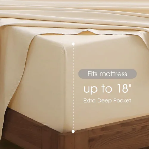 Miniatura 4 de HYPREST Sábanas de algodón tamaño King, sábans de bolsillo profundo de 18 pulgadas para hotel de lujo suave beige - 600 hilos