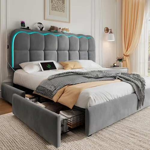 Miniatura 9 de CypBed Base de cama individual con cajones de almacenamiento y cabecero, base de cama LED tapizada de terciopelo para niños, marco de cama de metal