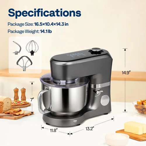 Miniatura 14 de VIVOHOME Batidora de pie con fermentación, preajustes de un toque, batidora eléctrica de masa con tazón de 6 cuartos, batidora de pie de cocina