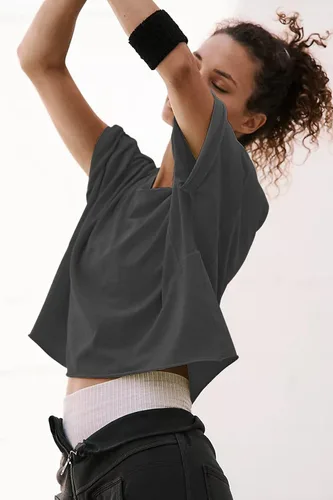 Miniatura 3 de Camisetas cortas extragrandes de entrenamiento de para mujer, estilo informal, de manga corta, hombros caídos, con dobladillo enrollado, básicas