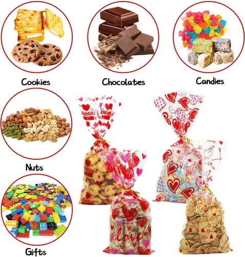 Miniatura 4 de ZMCINER 120 unidades de bolsas de celofán para dulces de San Valentín con lazos giratorios para fiestas y suministros de regalo Valentines