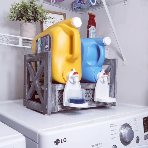Miniatura 6 de Soporte de madera para detergente para ropa – Estante rústico de lavandería para dos botellas de detergente, almacenamiento y decoración