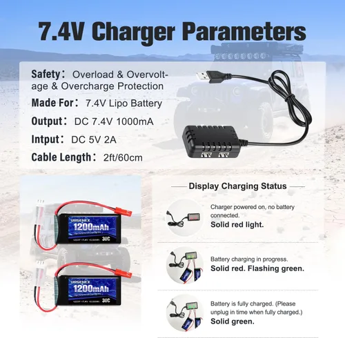 Miniatura 5 de Batería Lipo de 7.4 V con enchufe JST 2S 30C (60 C) batería de litio recargable de 1200 mAh compatible con UDIRC Cheewing y la mayoría de coches RC